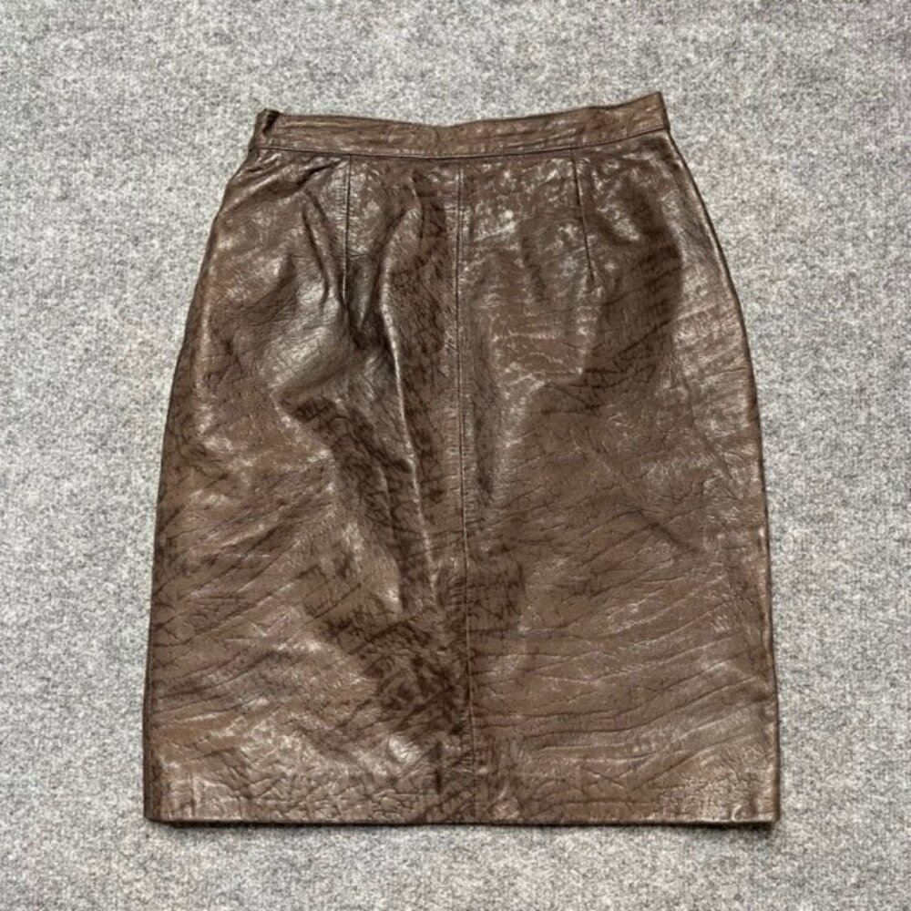 Glen Wood Womens Straight Skirt Brown Leather Knee Length Textured Slit Zipper 6 - Picture 3 of 10